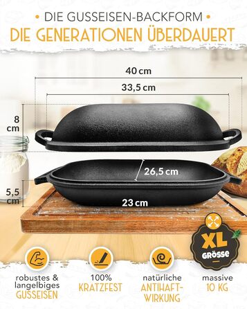 Набір для випікання хліба з чавунного лиття Krustenzauber XXL: форма, корзина для підйому, лопатки, ніж та інше. Ідеальний для початківців (форма 40 см)