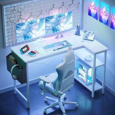 Бексв'ю кутовий стіл L-подібний для геймінгу 100x70 см з полицями, білий. Стіл для комп'ютера, навчання, роботи вдома.