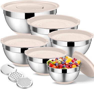 Набір мисок Onader (6 шт) з нержавіючої сталі з кришками та тертками для кухні, 4.6/2.8/2.5/1.6/1.2/0.7 л, стакові та придатні для миття в посудомийній машині, бежевий колір