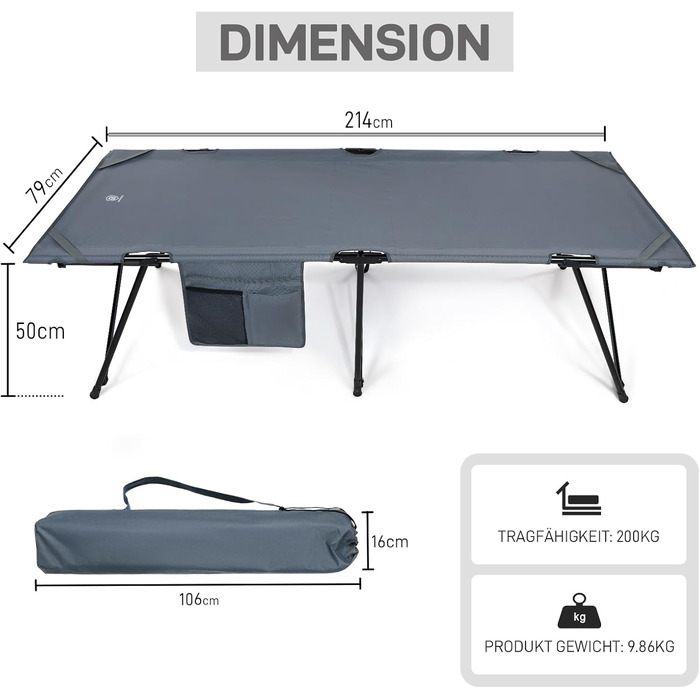 Складане польове ліжко EVER ADVANCED XXL для кемпінгу, 200 кг, 214x79x50 см, з бічною кишенею, стійке та портативне для відпочинку, подорожей, саду, вулиці та дому