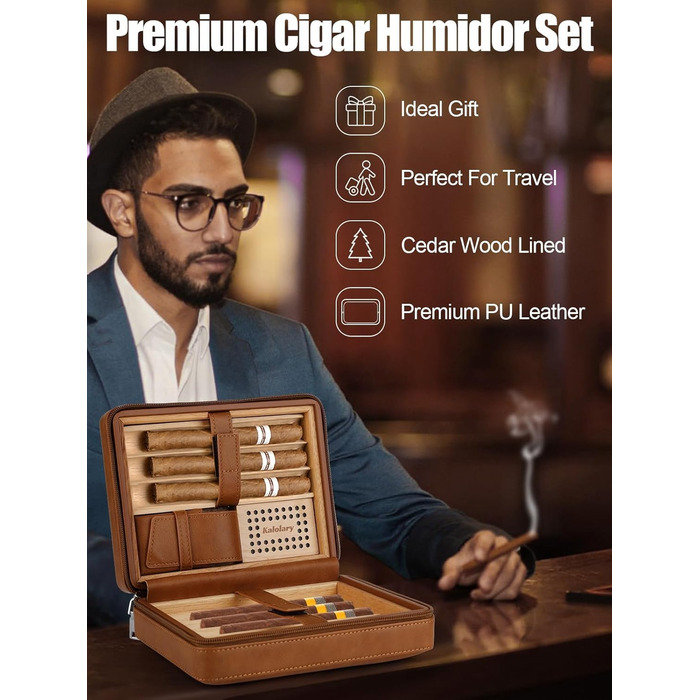 Вишуканий вологомір для сигар Kalolary з різаком, портативний, з кедровою обшивкою, вміщує до 8 сигар, чудовий подарунок для чоловіків (колір: коричневий)