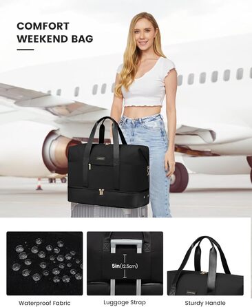 Спортивна сумка LOVEVOOK для жінок, дорожня сумка-валіза, дорожня сумка-мішок, сумка для подорожей, сумка для ручної поклажі в літак, сумка для пологового будинку, сумка для одягу з відділенням для взуття, косметичка, бежево-коричнево-чорна (чорна, 40x20x