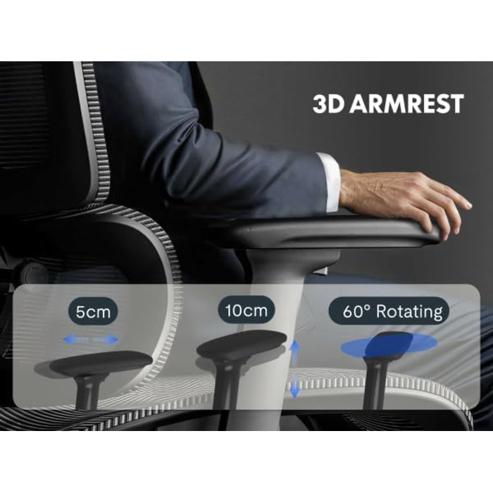 Органічний офісний стіл FLEXISPOT ErgoX: ергономічний крісло з 3D підлокітниками, 3D-підголівником, 5D-регулюванням спинки, дихаюча сітка, до 130 кг, темно-сірий