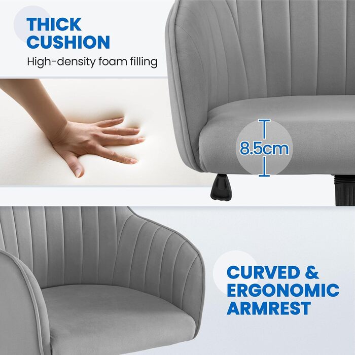 Крісло Yaheetech для дому та офісу: обертове, регульоване по висоті, з м'якою оксамитовою оббивкою, до 136 кг, сірий колір
