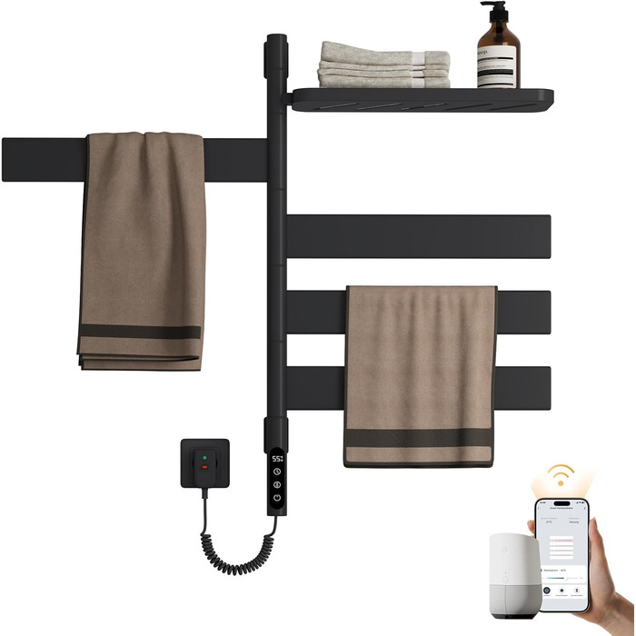 Електричний сушильник для рушників EMKE 180° з полицею, Wifi, 120W, 760x450 мм, чорний