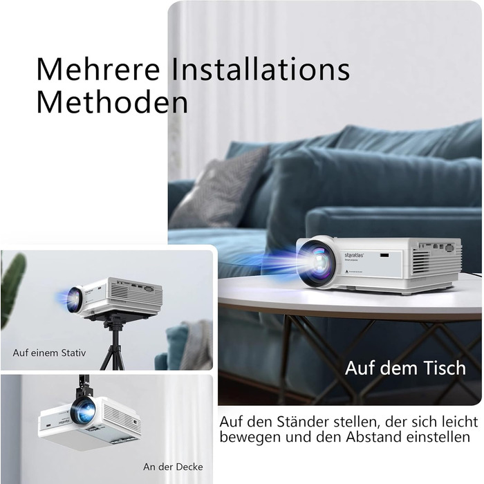 Проектор Staratlas Beamer 5G WiFi Bluetooth Full HD 12000 Lumen, Native 1080P 4K, для домашнього кінотеатру, сумісний з iOS/Android/Fire Stick/HDMI/USB/PS5, білий