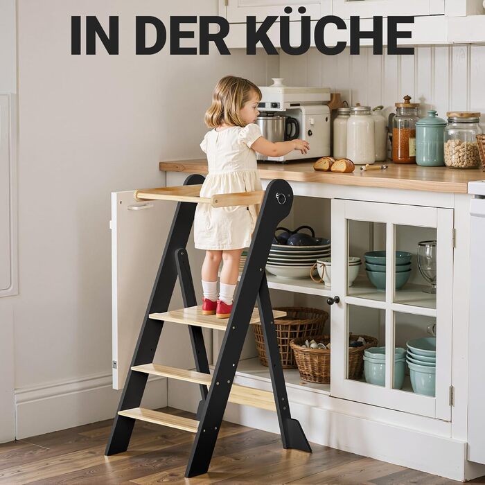 COSYLAND Монтессорі навчальний столик-сходинка для дітей від 1 року, регульована висота, складаний | Навчальний столик-сходинка для кухні | Темно-сірий-натуральний | COSYLAND
