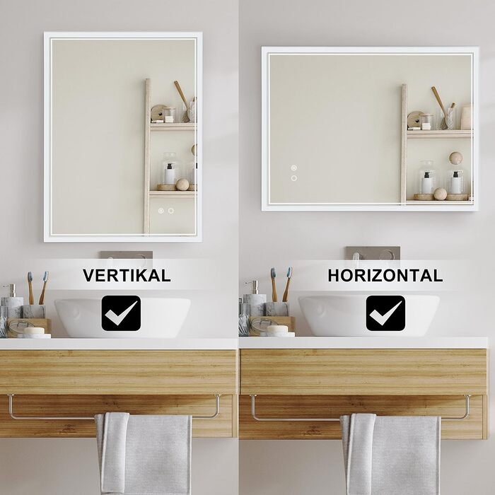 Дзеркало для ванної кімнати Puchika з підсвічуванням LED, 50x70 см, настінне, регульоване, тепле/холодне/нейтральне світло 3000-6400K, IP44, сенсорне керування, антизапар, годинник