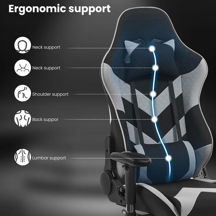Крісло ігрове WOLTU з тканини, дихаюче, для літа, ергономічне, з підтримкою попереку, для геймерів, racing, PC, з функцією гойдання та підніжкою, для стрімінгу, чорно-сіре, тканинне