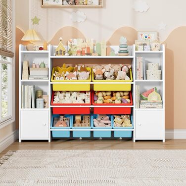 FOREHILL Регульована полиця для іграшок з 8 ящиками, дитячий шафчик, книжкова полиця для дітей, органайзер для іграшок, меблі для дитячої кімнати з іграшковою коробкою, 138,8 x 94,3 x 29,6 см, білий (білий з червоним)