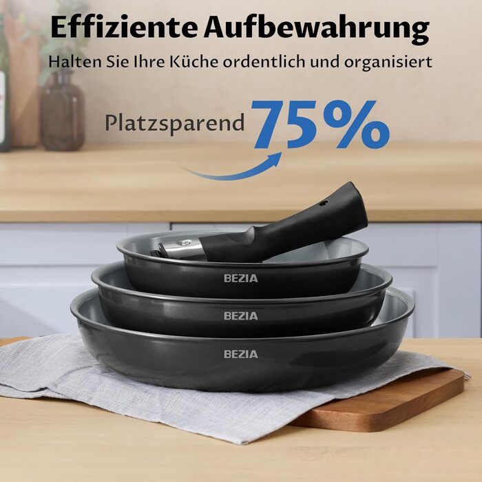 Набір сковорідок BEZIA з знімними ручками, антипригарне покриття, індукційні, 20+24+28 см, стакельне, придатні для миття в посудомийній машині та духовці