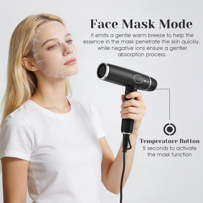 Фен для волосся Slopehill 2000W з іонізацією, безщітковим двигуном 110 000 об/хв, LCD-дисплеєм та 3 дифузорами, складаний, чорний