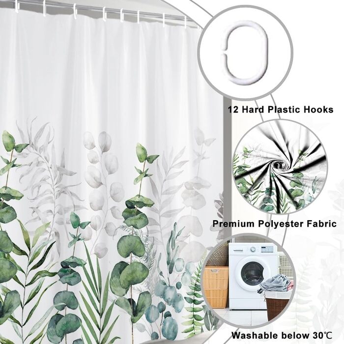 Штора для душу 180x220 см, антигрибкова, з тропічним дизайном (зелені пальмові листя, евкаліпт, гриби), водонепроникна, поліестер, для ванної кімнати, з 12 гачками