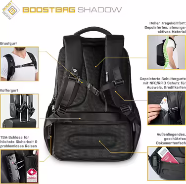Рюкзак BoostBag Shadow антивандальний з TSA-замком, USB, захистом RFID для ноутбука 15,6'' та органайзером для документів