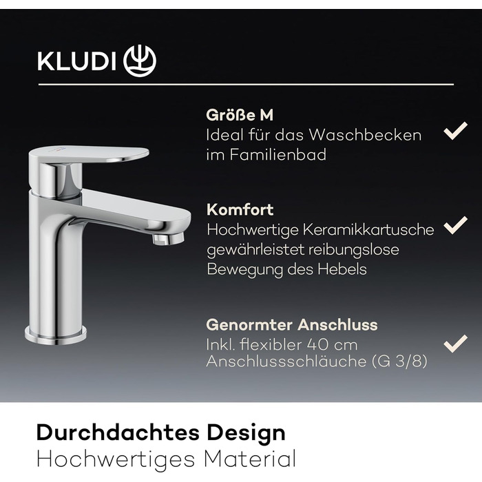 Змішувач для ванної кімнати KLUDI-X1, висота виливу 95 мм, водозберігаючий, розмір M, керамічний картридж, хром, з підключувальними шлангами