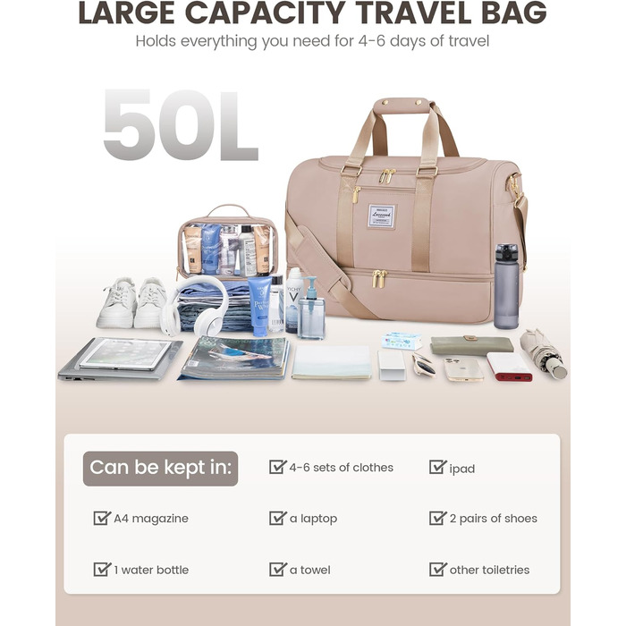 Спортивна сумка LOVEVOOK: дорожня, для вихідних, з культиватором, відділенням для взуття та мокрих речей, водонепроникна, пляжна, сауна, ручна поклажа для спорту та відпочинку, зелена (L, пісочний)