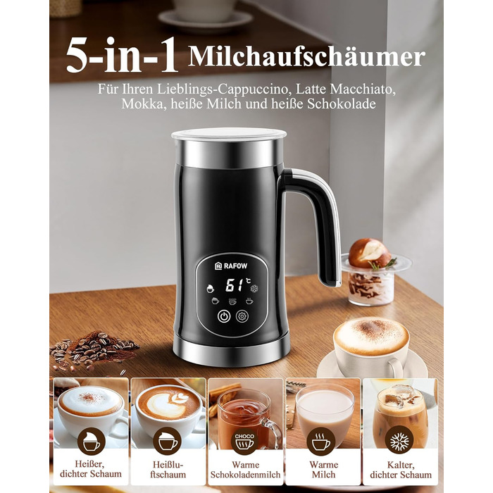 Електричний спінювач молока 5 в 1 з LED-дисплеєм, 350 мл - для капучино, лате, гарячого шоколаду