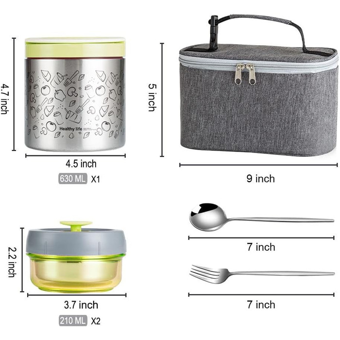 Набір ланч-боксів Lille Home 1065 мл з термоізоляцією, 2 контейнери BPA-free, сумка, столовий прилад, зелений