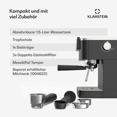 Klarstein SteelPresso Touch: Еспресо-машина з нержавіючої сталі, 20 бар, 1350 Вт, з інтегрованим капучинатором та сенсорним дисплеєм. Компактна кавомашина Klarstein чорного кольору.