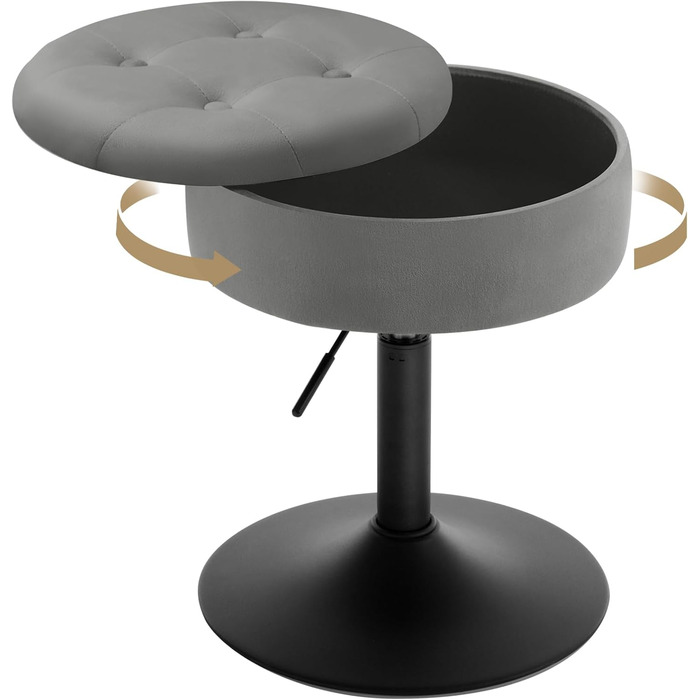 Крісло для туалетного столика WOLTU BH329sz-1, пуф з місцем для зберігання, регульована висота, обертається на 360°, сірий велюр