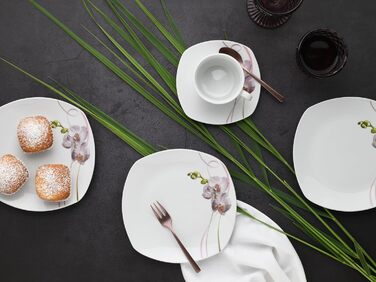 CreaTable Серія Square Orchidee: 18-частинний порцеляновий кавовий сервіс на 6 осіб, для кави, миття в посудомийній машині та використання в мікрохвильовій печі