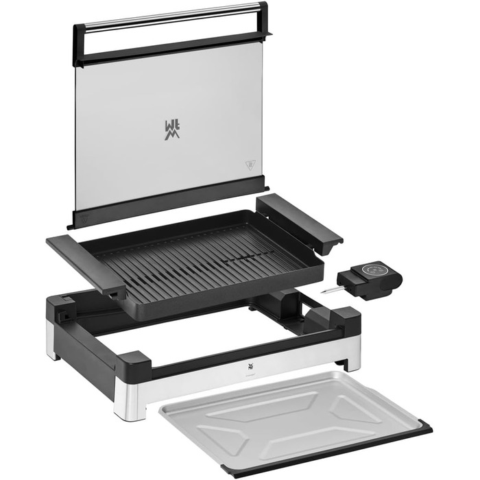 Електричний гриль WMF Lono з кришкою з термостійкого скла, антипригарне покриття, знімний збірник жиру, придатний для миття в посудомийній машині, матова нержавіюча сталь, 2200 Вт, Single