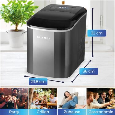 Льодогенератор KLAMER компактний з лопаткою, 2 розміри льоду, 10 кубиків за 7 хв, 15 кг/добу, тихий, з таймером, чорний 2.1л