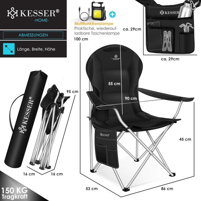 Крісло для кемпінгу KESSER Складне до 150 кг Крісло для риболовлі Складаний стілець Складаний стілець Оббитий підлокітниками, кемпінговим світлом і підсклянником сумка з високою спинкою, пляжне крісло, складаний табурет, хакі (чорний / чорний)
