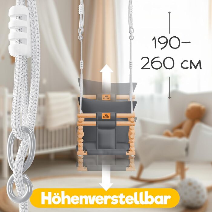 Дитячий гойдалка-колиска KIDIZ® для немовлят від 6 місяців та малюків до 3+ років. Дерев'яна гойдалка з регульованою висотою та м'якою подушкою. Для дому та вулиці, антрацит.