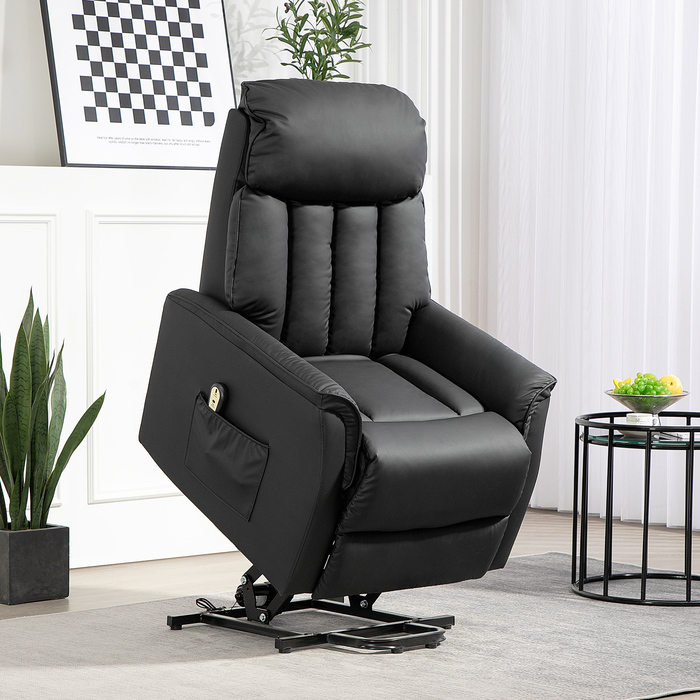 Електричне телевізійне крісло HOMCOM Recliner з допоміжним засобом для сидіння, функцією відкидання, масажне крісло з підніжкою, бічною кишенею, пультом дистанційного керування, для вітальні, до 150 кг, штучна шкіра, чорний | Аосом