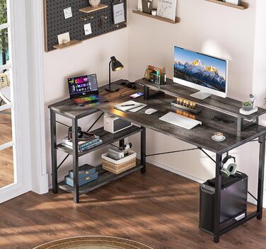 Кутовий ігровий стіл L-подібний з LED-підсвіткою та розетками, комп'ютерний стіл з полицями, обертовий, з підставкою для монітора, 120 x 70 см, дуб Грау Ейх