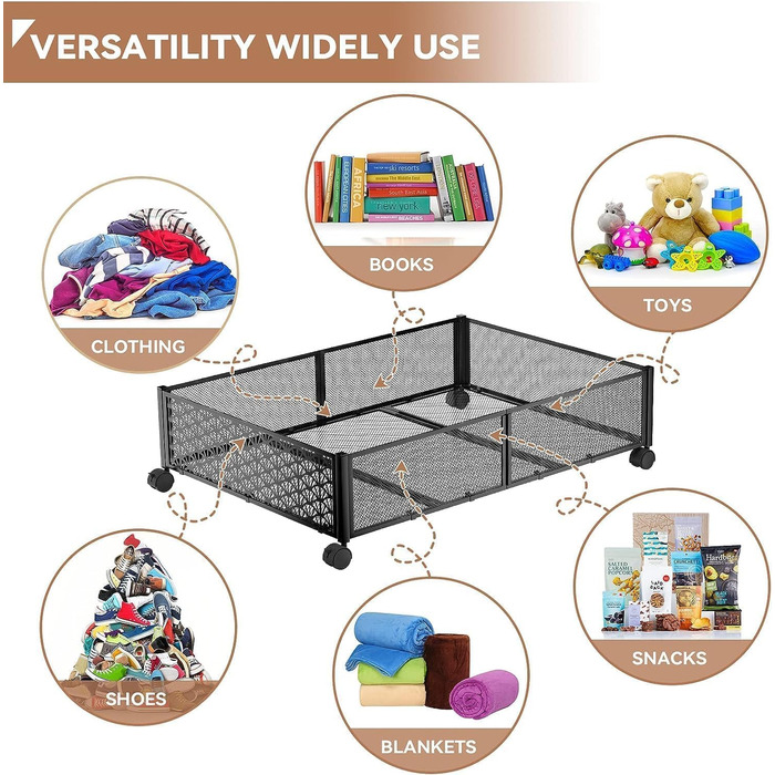 Великий підліжковий комод з колесами та кришкою, Металевий ящик для зберігання під ліжком Підліжкове сховище для одягу, взуття, іграшок, чорний (4 шт. )