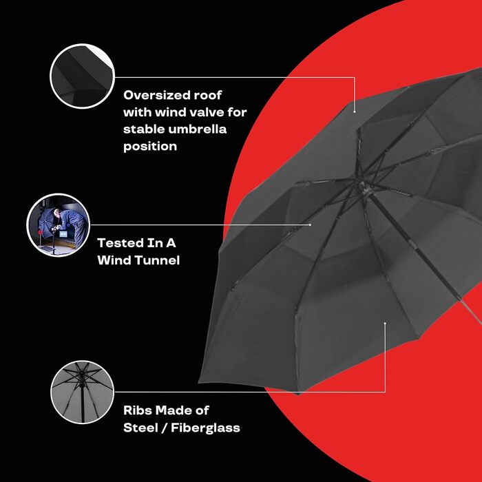 Компактна, вітрозахисна парасолька для подорожей, вентильована, автоматична, 126 см, чорна, 405 XXL Duomatic
