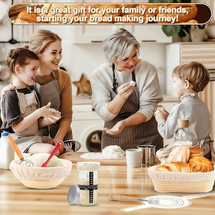 Набір для закваски з 10 шт: круглі та овальні корзини для вистоювання тіста, скляні банки для закваски 730 мл, аксесуари для хрусткої скоринки, для початківців та професіоналів