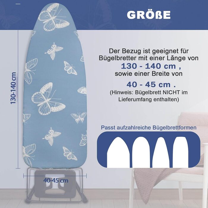 Чохол для прасувальної дошки з товстим шаром підкладки, 120x40, 125x45, еластична стрічка по периметру, липучки, сумісний з прасувальними столами, ідеальний для парогенераторів