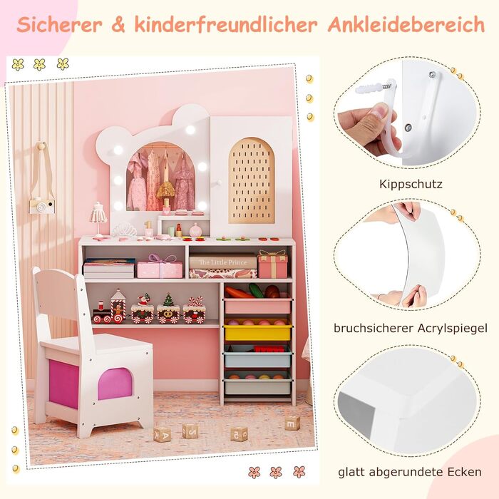 Детский туалетный столик COSTWAY в форме медведя с подсветкой, зеркалом, шкафчиком, 5 ящиками и отделениями, из дерева, для девочек от 3 лет