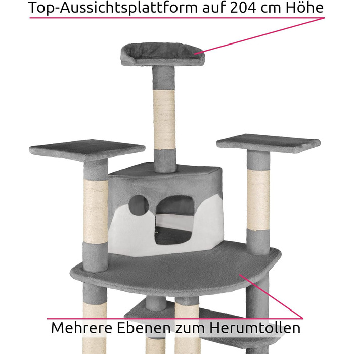 Кігтеточка для кішок tectake XXL для котів, з аксесуарами, лежачий лоток, 2 котячі печери, мотузка з сизалю, стеля висока - сірий/білий