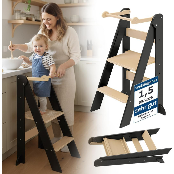 Bellabino Tay - навчальний столик-лесенка для дітей від 1 року. Регульована висота, складаний, білий, дерев'яний (бірка), безпечний, з захистом від перекидання. Montessori
