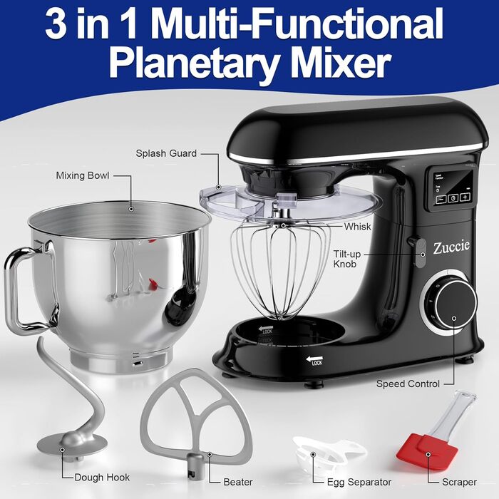 Кухонна машина 1500W 8L з 6 швидкостями, функцією ферментації та LCD-дисплеєм. В комплекті міксер, гак для тіста та вінчик. Чорний колір.