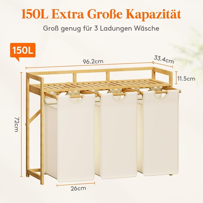 Кошик для білизни Lifewit з бамбуковим каркасом, 150 л, 3 відділення, білий. Сортер для одягу, рушників, іграшок. Розміри: 96 x 33.4 x 72 см