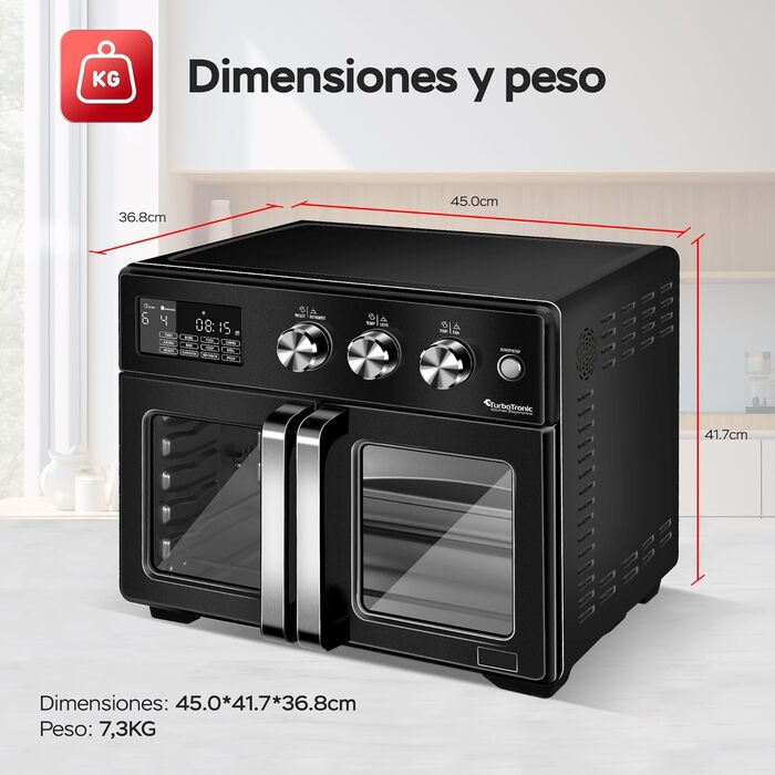 TurboTronic Міні-піч 4в1: конвекційна піч, фритюрниця, дегідратор, гриль. Об'єм 32л, з поворотним шампуром та аксесуарами. Чорний колір.