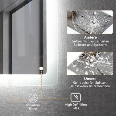 Дзеркало для ванної кімнати YU YUSING з підсвічуванням 80x60 см, LED, 3 кольори світла, регулювання яскравості, антизапар, сенсорне управління, таймер, скло, IP44