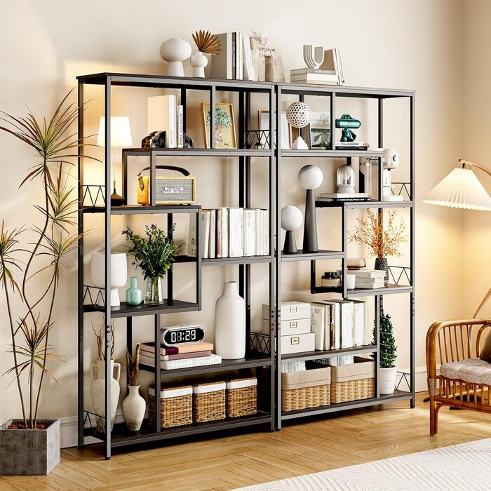 Стильна полиця Bealife для книг, 5 ярусів, чорна, 98 x 30 x 180 см. Відкрита полиця для вітальні, офісу, робочого кабінету, в стилі індустріальний дизайн