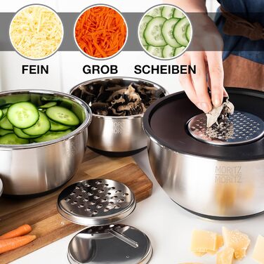 Миска для перемішування Moritz & Moritz 5er з кришкою - 0,6-4,5л - нержавіюча сталь з антиковзкими ніжками без BPA - Складна салатниця з кришкою та 3 насадкою-терткою - придатна для миття в посудомийній машині