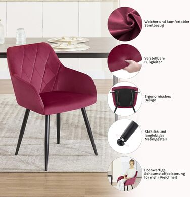 WOLTU Набір з 2 кухонних стільців з підлокітниками, для вітальні, кухні, їдальні. М'які стільці з оксамитовим покриттям, металеві ніжки, Бордовий колір