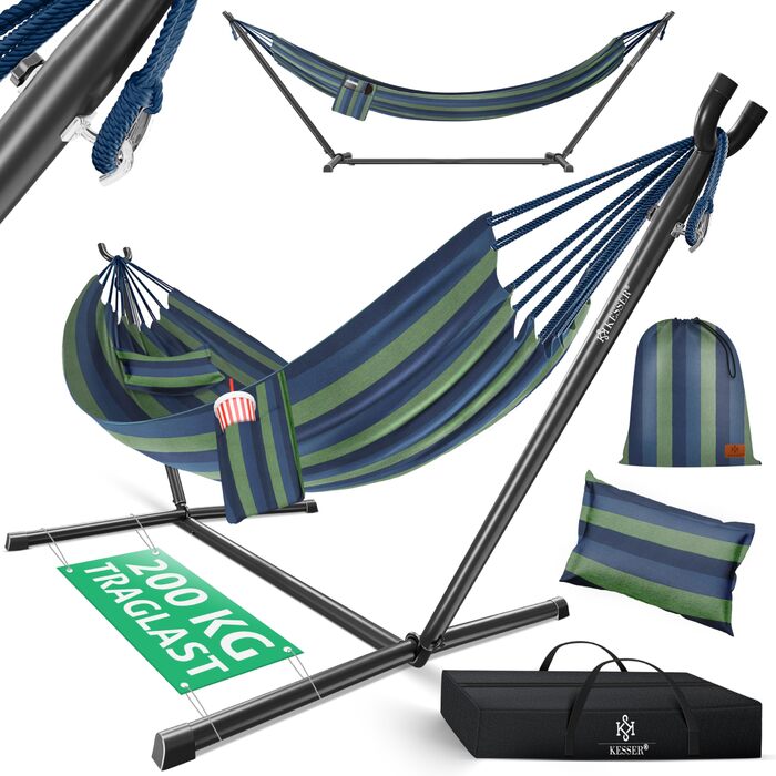 Гамак KESSER® Lake з каркасом для 2 осіб, 200 кг, для дому та саду, XXL гамак-крісло, балкон, тераса, з подушкою, блакитний