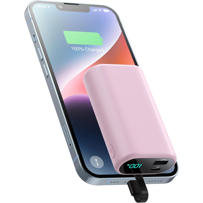 Виходи, LED дисплей, вбудований кабель, сумісний з iPhone - рожевий, 10800mAh, PD 15W, 3