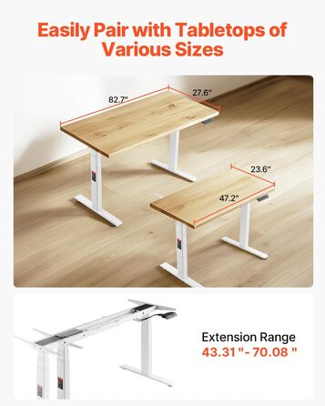 Електричний підйомний стіл-каркас VEVOR з подвійним мотором, регулювання висоти 65-129 см, довжини 110-178 см, ергономічна база для робочого місця, 3 положення (тільки каркас), білий, 110 x 58 x 64 см
