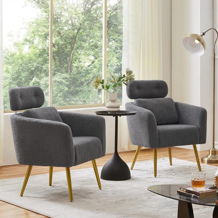 Крісло Yaheetech з тканини букле, крісло-релакс з регульованою спинкою та металевими ніжками, біле (темно-сіре)