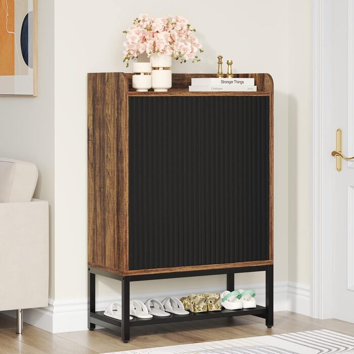 Шафа для взуття Tribesigns з дверцятами, 5-ярусна, для передпокою, дерев'яна шафа-органайзер для 15-20 пар взуття, чорно-коричнева